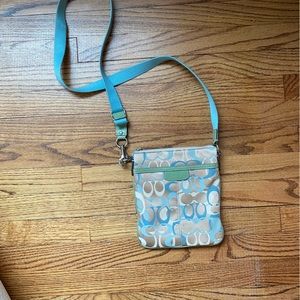 Coach purse. Tan, blue and some green. Cross body bag